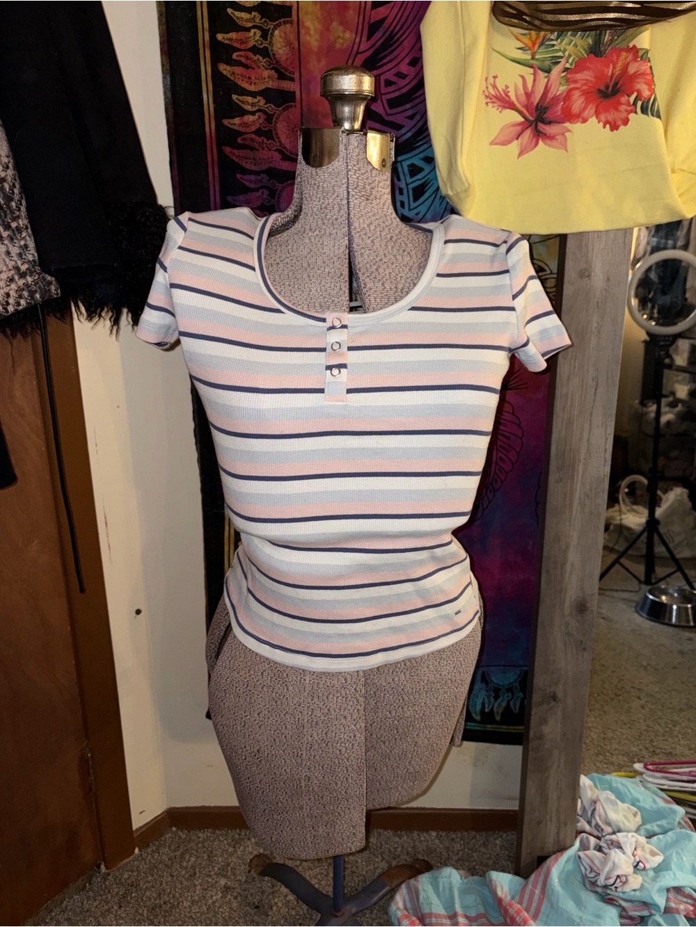 Guess Striped Short-Sleeve Henley Top in Pastel Blue and Pink